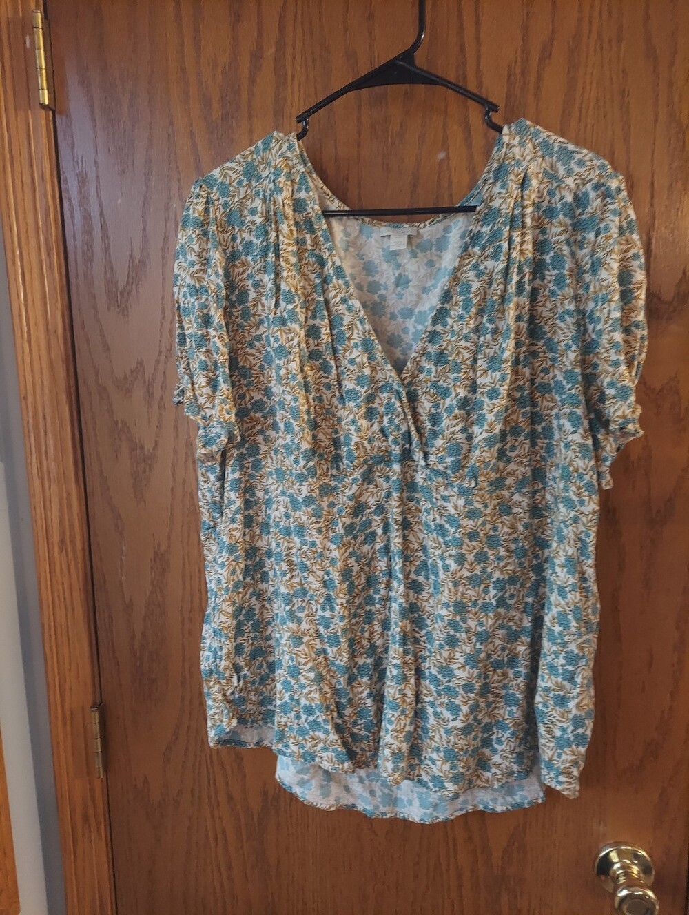 Hinge Floral Short Sleeve V-Neck Top XXL Teal Gold Boho